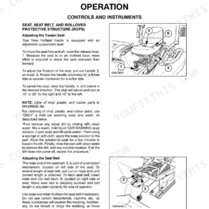 New Holland Boomer 2030, Boomer 2035 manual showing seat and seat belt adjustment procedures, controls, and cleaning instructions.