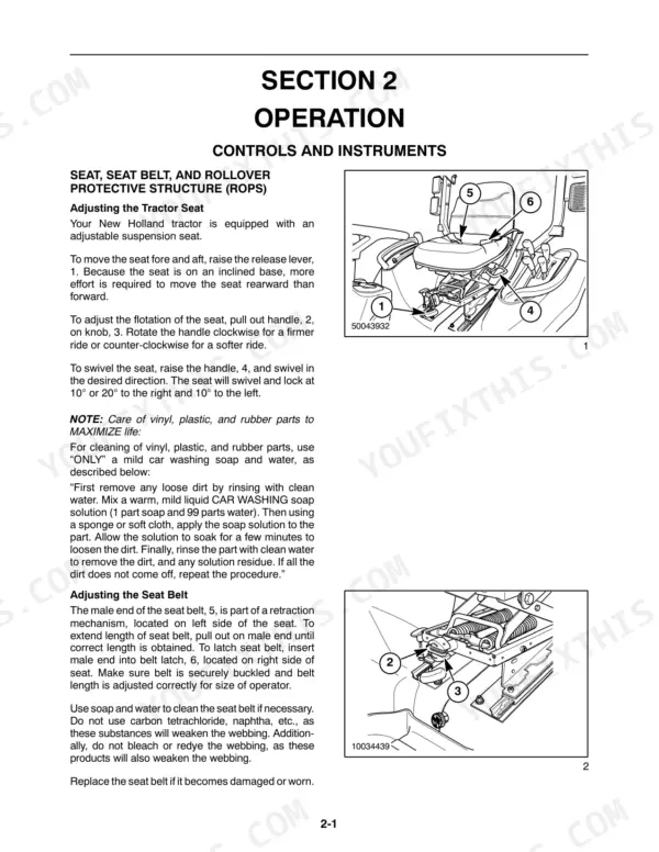 new-holland-boomer-2030-boomer-2035-tractor-operator-manual-87477103-controls-22.webp New Holland Boomer 2030, Boomer 2035 manual showing seat and seat belt adjustment procedures, controls, and cleaning instructions.