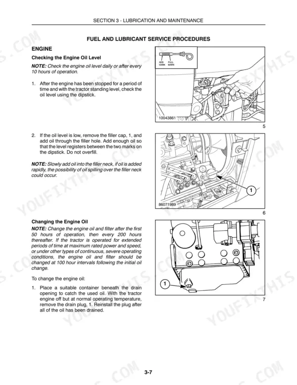 New Holland Boomer 2030, Boomer 2035 engine oil level check, filler cap location, and oil drain plug removal procedures.