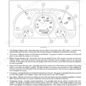 New Holland Boomer 30, Boomer 35 instrument panel diagram showing tachometer, fuel, temperature gauges, and warning lights.