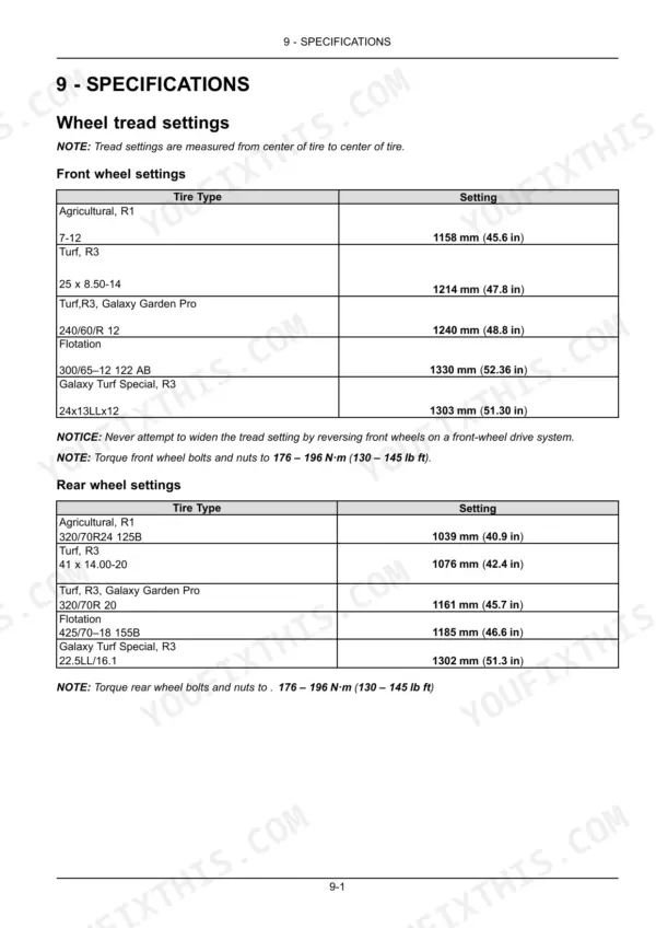 New Holland Boomer 30, Boomer 35 specifications table for front and rear wheel tread settings by tire type.
