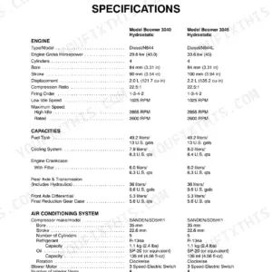 New Holland Boomer 3040, Boomer 3045 engine, capacity, and air conditioning system technical specifications table.