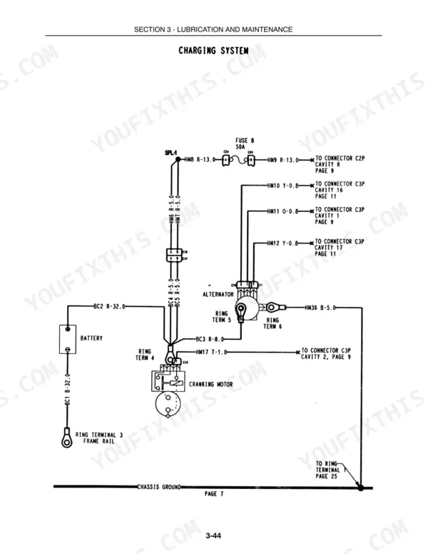 New Holland Boomer 3040, Boomer 3045 charging system wiring diagram showing battery, alternator, and cranking motor connections.