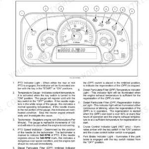 New Holland Boomer 37 instrument panel diagram showing gauges, DPF indicators, PTO, and park brake warning lights.
