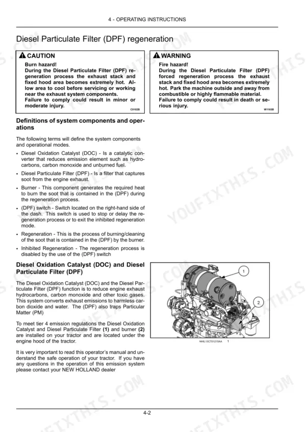 New Holland Boomer 37 DPF regeneration operating instructions, system component definitions, and DOC/DPF exhaust system diagram.
