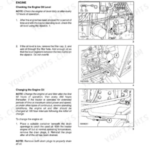 New Holland Boomer 4055, Boomer 4060 engine oil level check and oil change service procedures with dipstick and drain plug diagrams.