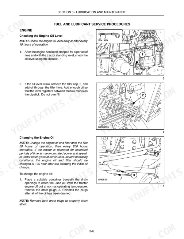 new-holland-boomer-4055-boomer-4060-tractor-operator-manual-87477192-procedures-69.webp New Holland Boomer 4055, Boomer 4060 engine oil level check and oil change service procedures with dipstick and drain plug diagrams.