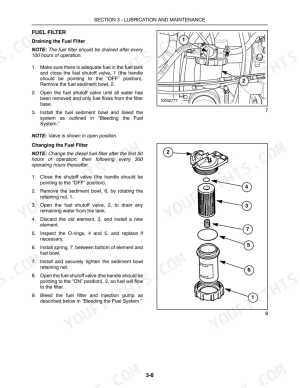 New Holland Boomer 4055, Boomer 4060 fuel filter maintenance procedures, draining, and exploded view component diagram.