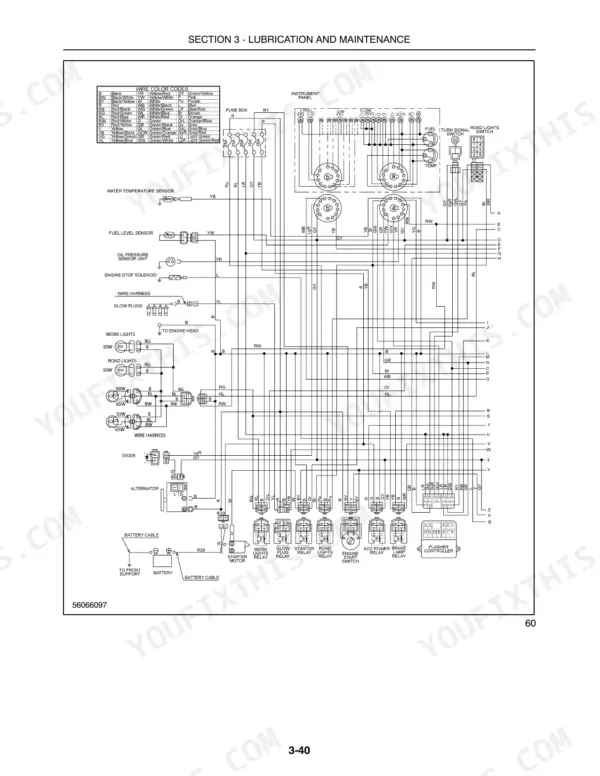 New Holland Boomer 4055, Boomer 4060 electrical wiring diagram showing instrument panel, relays, and lighting circuits.