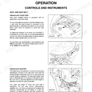 New Holland Boomer 4055, Boomer 4060 operator manual page showing procedures for adjusting the tractor seat and seat belt.