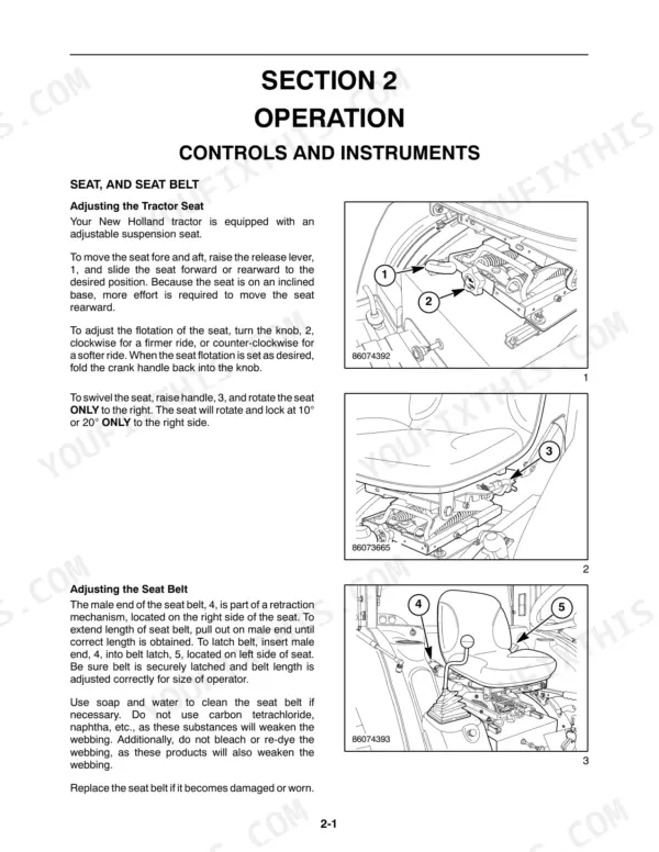 new-holland-boomer-4055-boomer-4060-tractor-operator-manual-87477193-controls-30.webp New Holland Boomer 4055, Boomer 4060 operator manual page showing procedures for adjusting the tractor seat and seat belt.