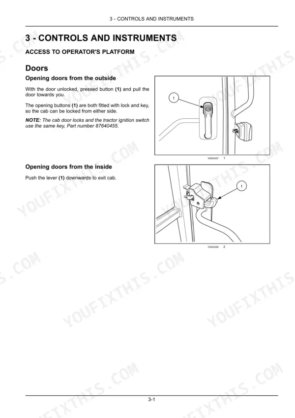 new-holland-boomer-54d-compact-tractor-operator-manual-48028237-controls-61.webp New Holland Boomer 54D, Boomer 54D CVT: Diagrams showing procedures for opening cab doors from the inside and outside.