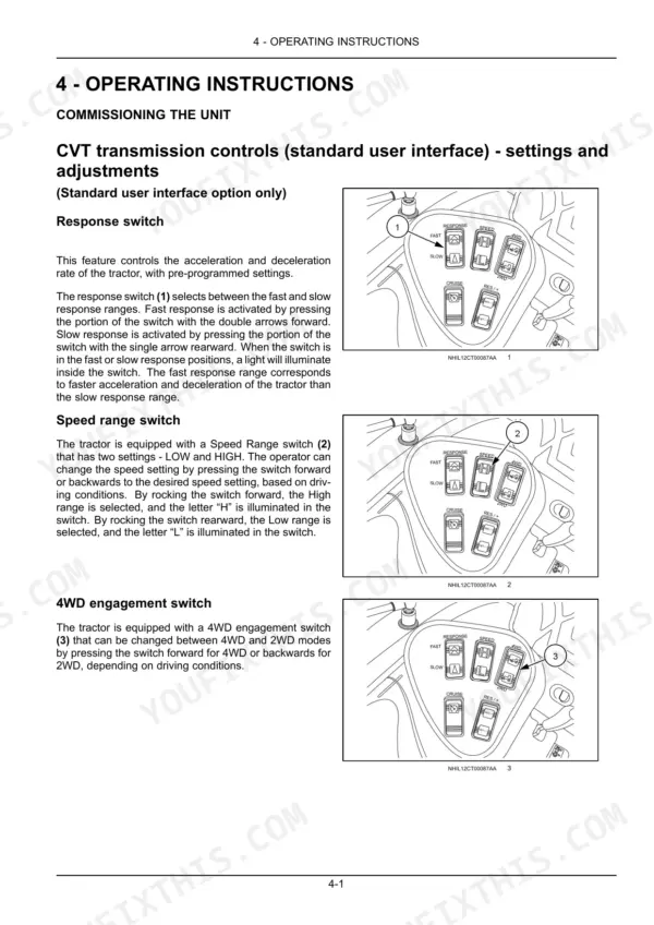 New Holland Boomer 54D, Boomer 54D CVT operating instructions for CVT transmission response, speed range, and 4WD switches.