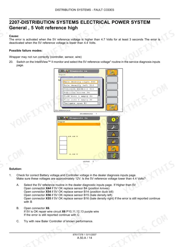 New Holland BR560A Combi, BR560 Combi error code 2207 troubleshooting guide for 5V reference high electrical power system.