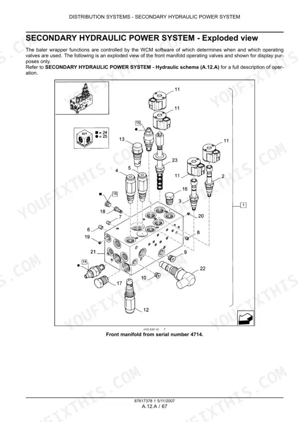 new-holland-br560a-combi-round-baler-repair-manual-87617378-exploded-view-53.webp New Holland BR560A Combi, BR560 Combi exploded view of secondary hydraulic power system front manifold operating valves.