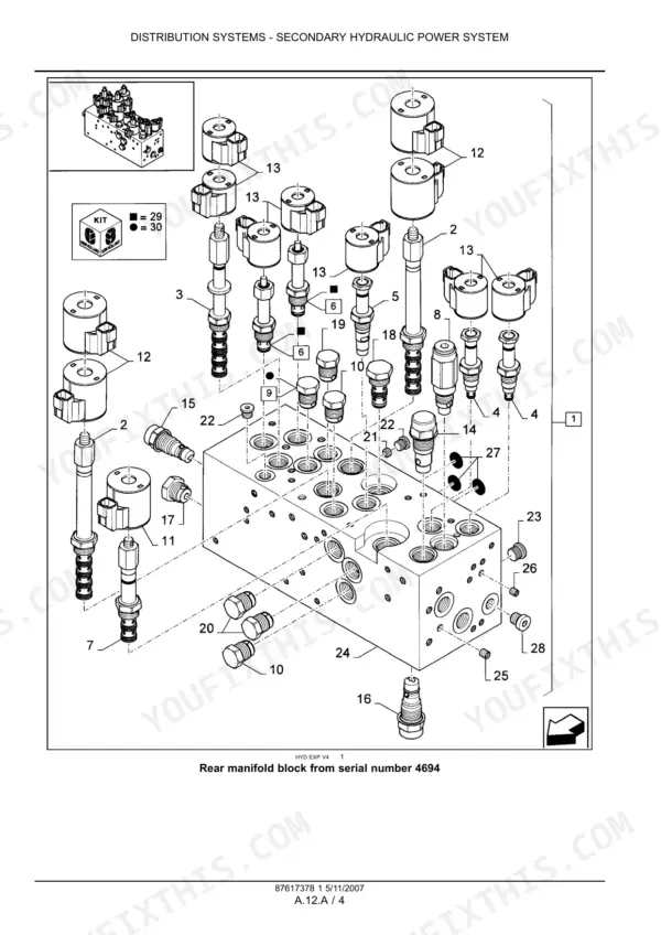 New Holland BR560A Combi, BR560 Combi exploded view of the rear hydraulic manifold block and solenoid valves.