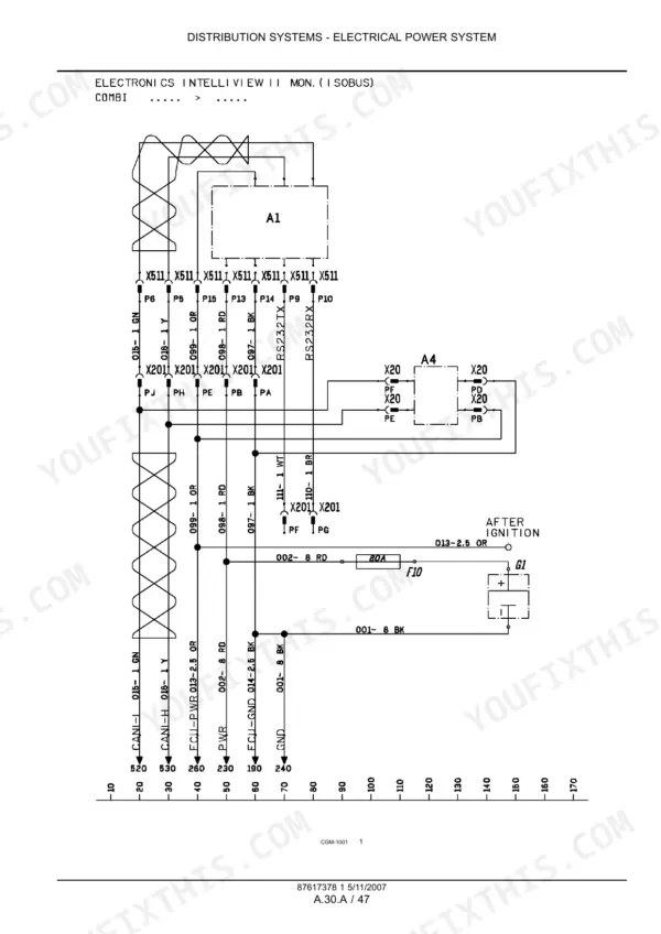 New Holland BR560A Combi, BR560 Combi electrical power system wiring diagram for IntelliView II monitor and ISOBUS.