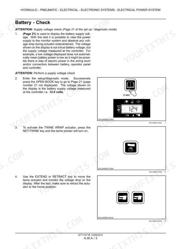 New Holland BR6080, BR6090 battery check procedure and monitor display diagrams for supply voltage diagnostic testing.