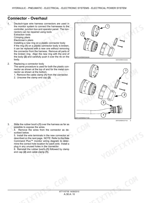 New Holland BR6080, BR6090 procedure for overhaul of Deutsch-type wire harness electrical connectors and body replacement.