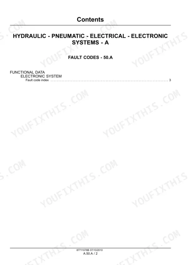 New Holland BR6090 Combi table of contents page for hydraulic, pneumatic, and electronic systems fault code index.