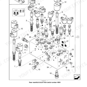 New Holland BR6090 Combi exploded view of the secondary hydraulic power system rear manifold block assembly with solenoid valves.