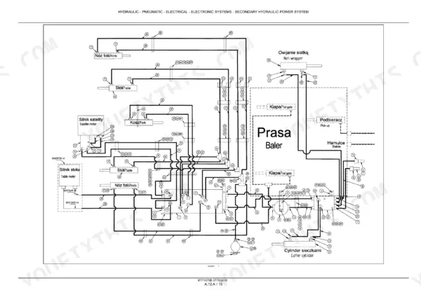 New Holland BR6090 Combi hydraulic system diagram showing baler, net-wrapper, table motor, and cutter cylinder components.