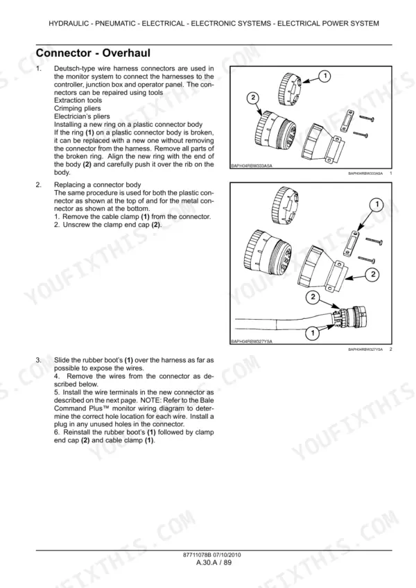 New Holland BR6090 Combi electrical connector overhaul procedure, showing Deutsch-type connector repair and disassembly diagrams.