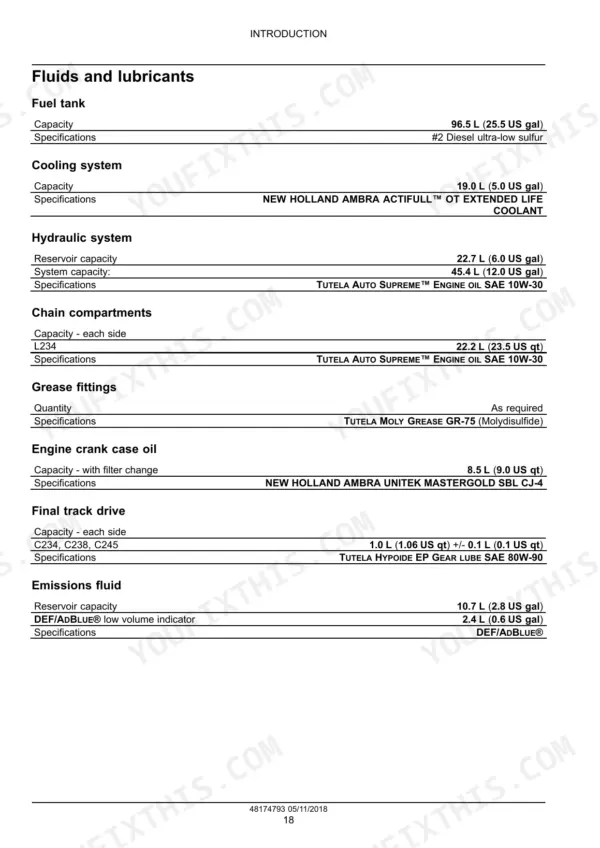 New Holland C245 service manual table listing fluid and lubricant capacities and specifications for engine, hydraulic, and fuel systems.