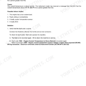 New Holland C245 service manual page for fault code 1002, Engine Coolant Temperature Is Above Normal, causes and solutions.
