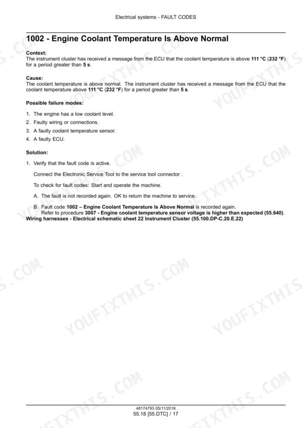 new-holland-c245-tier-4b-final-service-manual-compact-track-loader-48174793-troubleshooting-1652.webp New Holland C245 service manual page for fault code 1002, Engine Coolant Temperature Is Above Normal, causes and solutions.