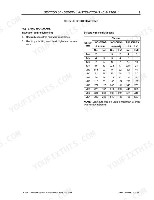 New Holland CV700, CV900, CV1100, CV1500, CV2000, CV2500 torque specifications table for metric screws 5.8, 8.8, and 10.9 grades.