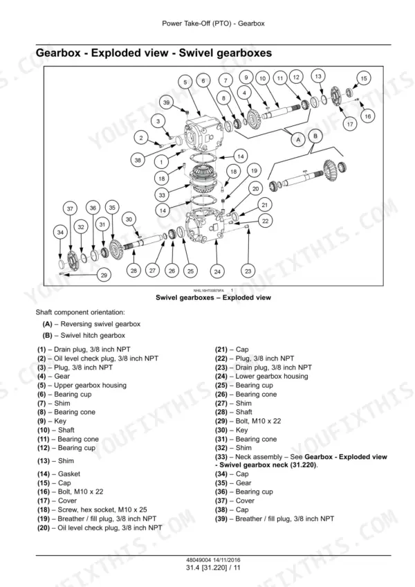 new-holland-discbine-313-discbine-316-disc-mower-conditioner-service-manual-48049004-exploded-view-78.webp New Holland Discbine 313, 316 exploded view diagram of the PTO swivel gearbox assembly with numbered component parts list.