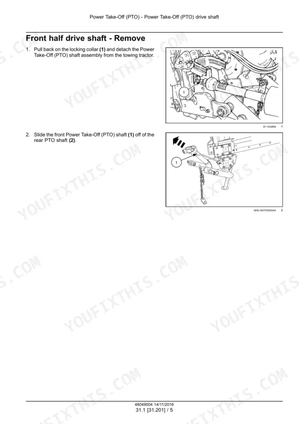 New Holland Discbine 313, Discbine 316 service manual procedure for removing the front half PTO drive shaft assembly.