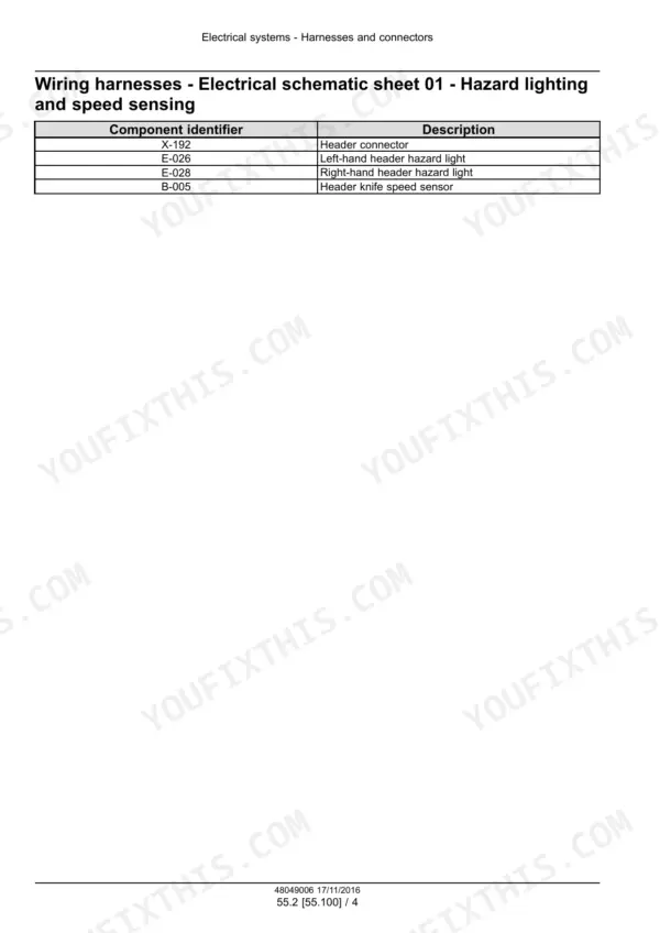 New Holland Durabine 416, 419, 416 Specialty wiring harness table for hazard lighting and speed sensing.