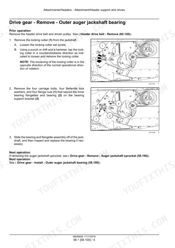 New Holland Durabine 416, 419, 416 Specialty procedure for removing the outer auger jackshaft bearing.
