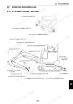 new-holland-e10sr-mini-crawler-excavator-service-manual-84363846-procedures-179.webp New Holland E10SR diagram showing attachment assembly and identification of boom, arm, bucket, and dozer cylinder pins.
