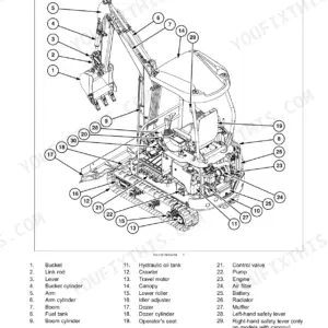 New Holland E16B, E18B part identification diagram showing numbered components like bucket, boom, engine, and hydraulic tank.