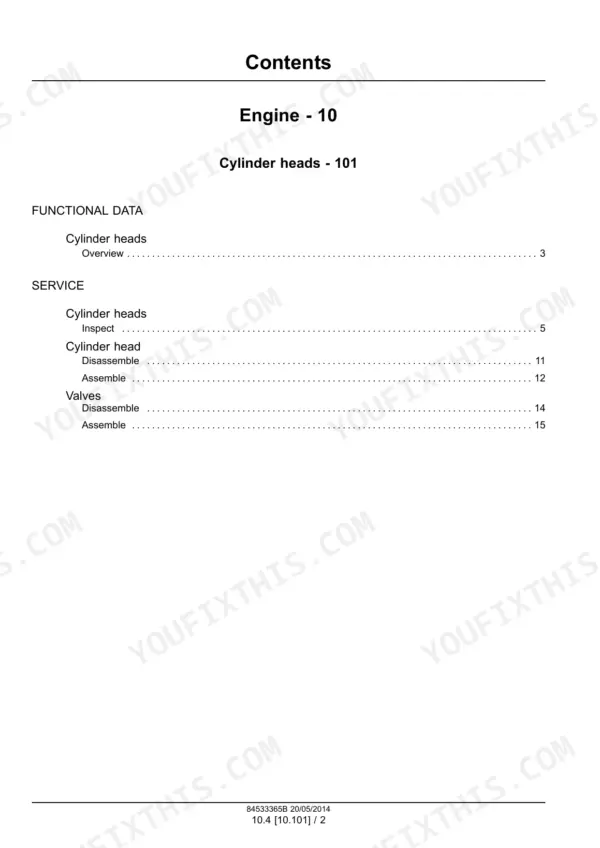 New Holland E16B, E18B service manual table of contents for engine cylinder head inspection, disassembly, and assembly.