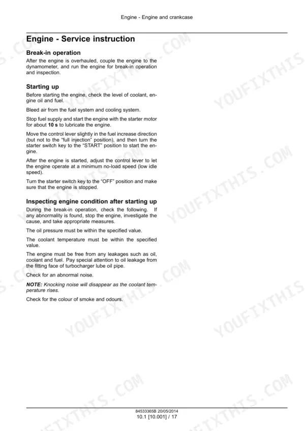 New Holland E16B, E18B engine service manual page detailing break-in operation, starting procedures, and inspection instructions.