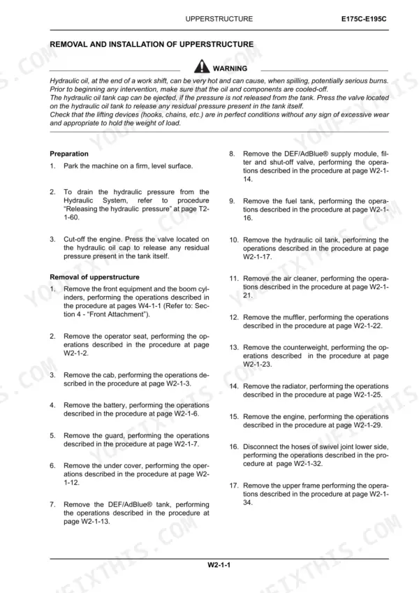 New Holland E175C, E195C service manual page detailing the removal and installation procedure for the upperstructure.