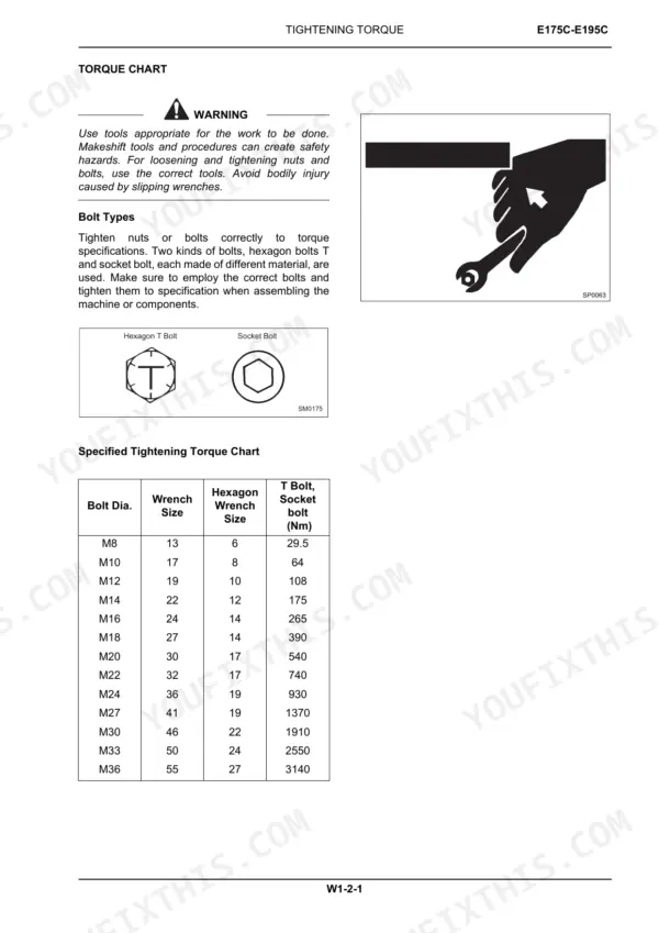 New Holland E175C, E195C tightening torque chart, bolt types, and wrench size specifications table for M8 to M36 bolts.