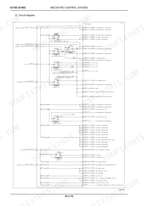 new-holland-e175c-e195c-crawler-excavator-service-manual-84574565a-wiring-155.webp New Holland E175C, E195C Mechatro control system circuit diagram showing relays, fuses, and controller connections.