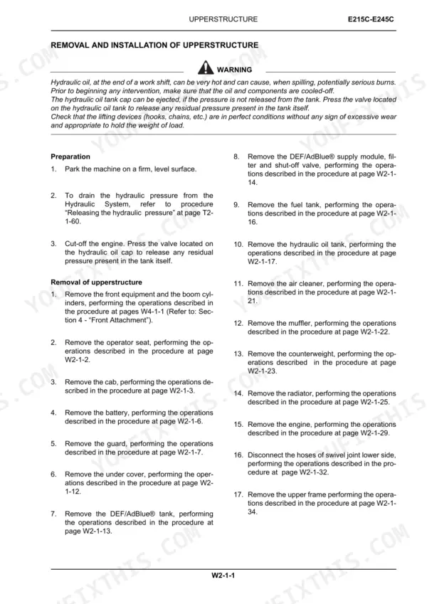 New Holland E215C, E245C service manual page detailing the removal and installation procedure for the upperstructure.