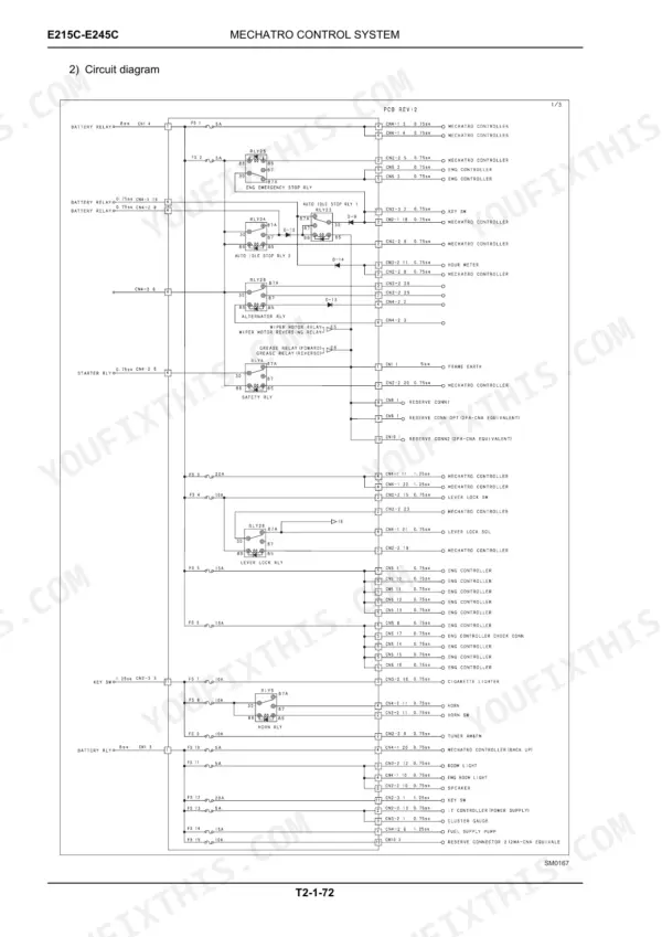 new-holland-e215c-e245c-crawler-excavator-service-manual-84550265a-wiring-156.webp New Holland E215C, E245C mechatro control system circuit diagram showing relays, fuses, and controller connections.