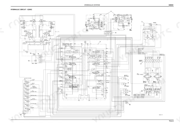 New Holland E265C, E305C hydraulic circuit diagram showing main pump, control valve, cylinders, and pilot valve system.