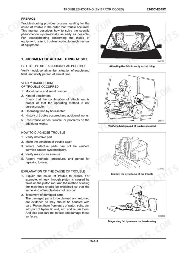 New Holland E265C, E305C troubleshooting guide for field diagnosis, site verification, and reporting procedures.