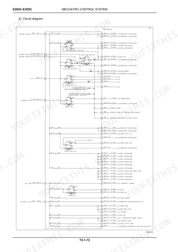 new-holland-e265c-e305c-crawler-excavator-service-manual-47357333a-wiring-157.webp New Holland E265C, E305C mechatro control system circuit diagram showing relays, fuses, and controller connections.