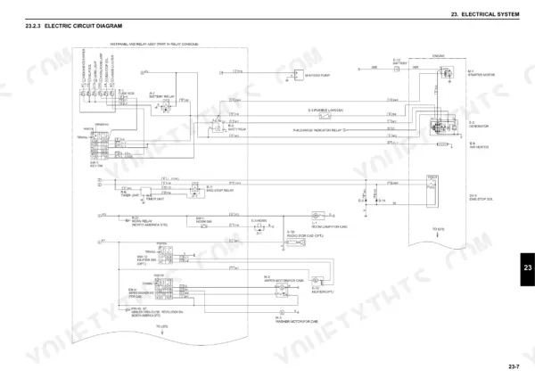 new-holland-e27b-compact-hydraulic-excavator-service-manual-s5pv0023e02-wiring-142.webp New Holland E27B electrical circuit diagram showing battery, starter motor, generator, and relay console connections.