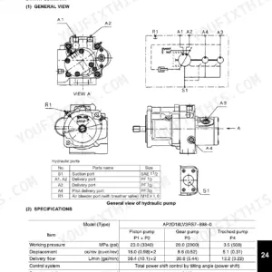 New Holland E30B, E35B hydraulic pump diagrams, port identification table, and AP2D18LV3RS7-898-0 pump specifications table.