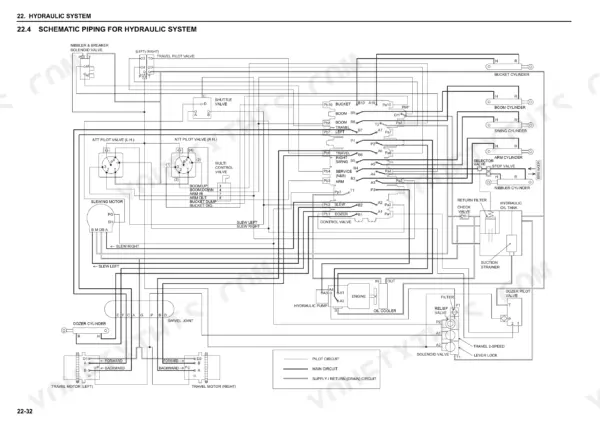 New Holland E30B, E35B hydraulic system schematic piping diagram showing control valves, cylinders, and pump connections.